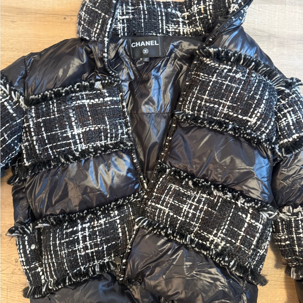 CHANEL Tweed-Style Black and White Puffer Jacket